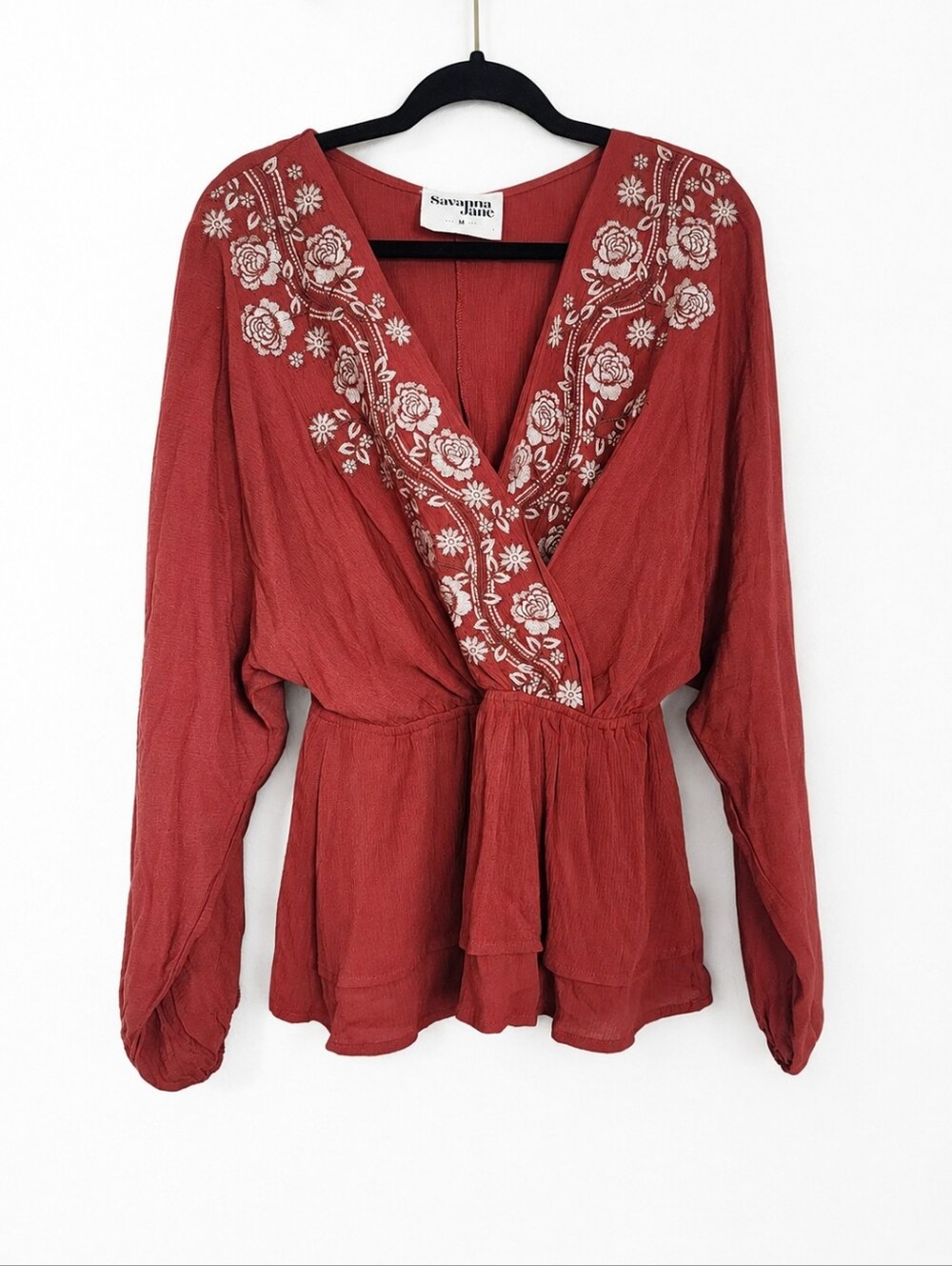Savanna Jane Rust Embroidered Floral Wrap Peplum Top Boho Medium